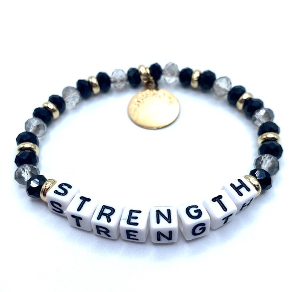 Strength Beaded Stretch Word Bracelet Black Gold Tone - Picture 2 of 4